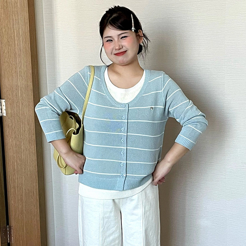 乃粒23735大码女装假两件条纹上衣2026春款胖mm休闲宽松针织衫女