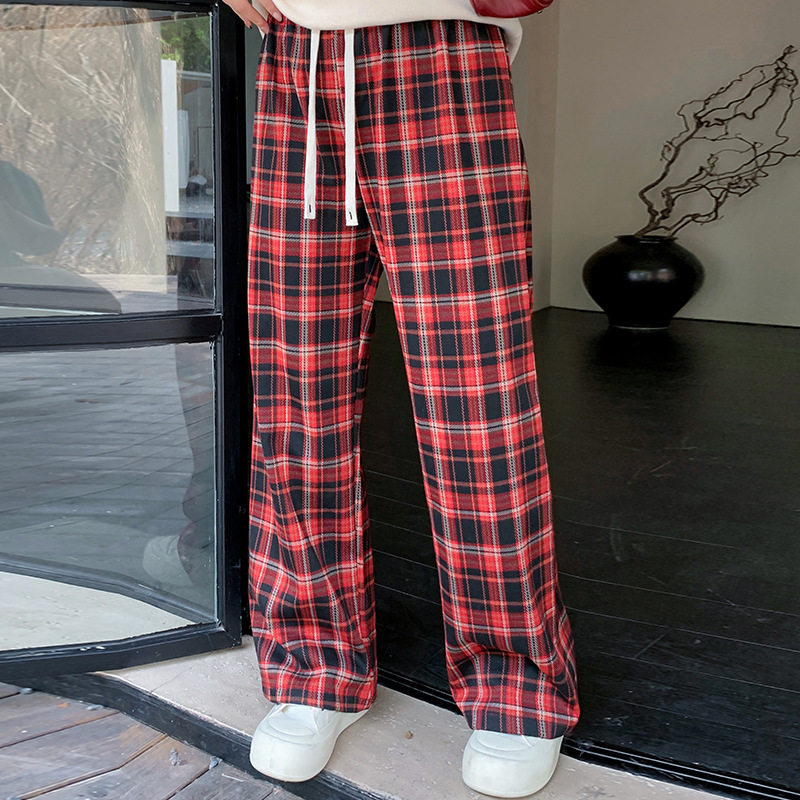 大码女装松紧腰显瘦格子裤女直筒裤2025春款胖mm阔腿裤NK1060乃粒