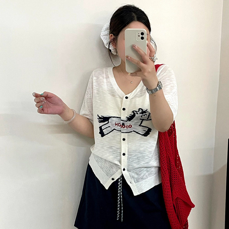 大码女装23979v领提花针织衫女薄款开衫2026夏款胖mm休闲短袖外套
