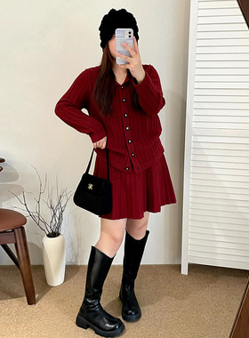 乃粒23376大码女装小香风针织套装25冬胖mm学院风上衣半裙两件套