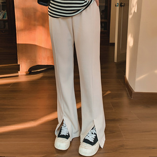 大码女装松紧腰直筒裤女休闲开叉裤子2025春款胖mm宽松阔腿裤乃粒