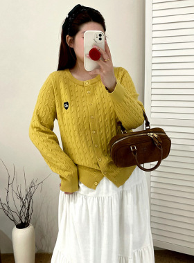 正品23317大码女装麻花纹理感外套2025秋胖mm刺绣针织开衫女上衣