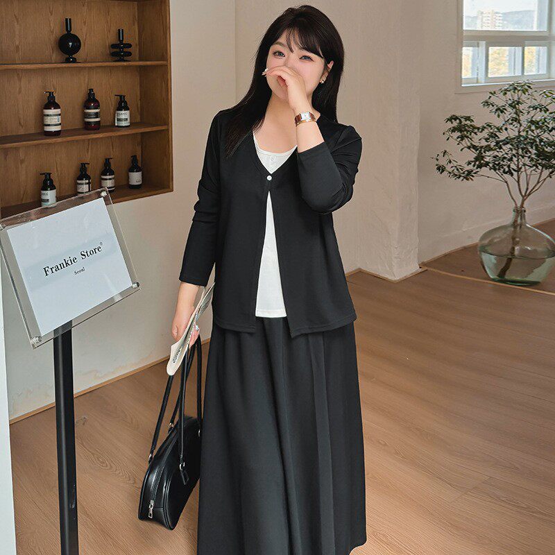 大码女装假两件上衣女半裙两件套2025春200斤宽松套装NT1133
