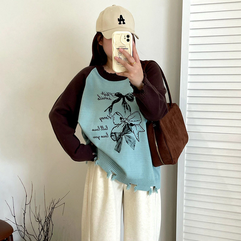 大码圆领撞色插肩袖圆领上衣流苏毛衣2025冬胖mm印花针织衫23182