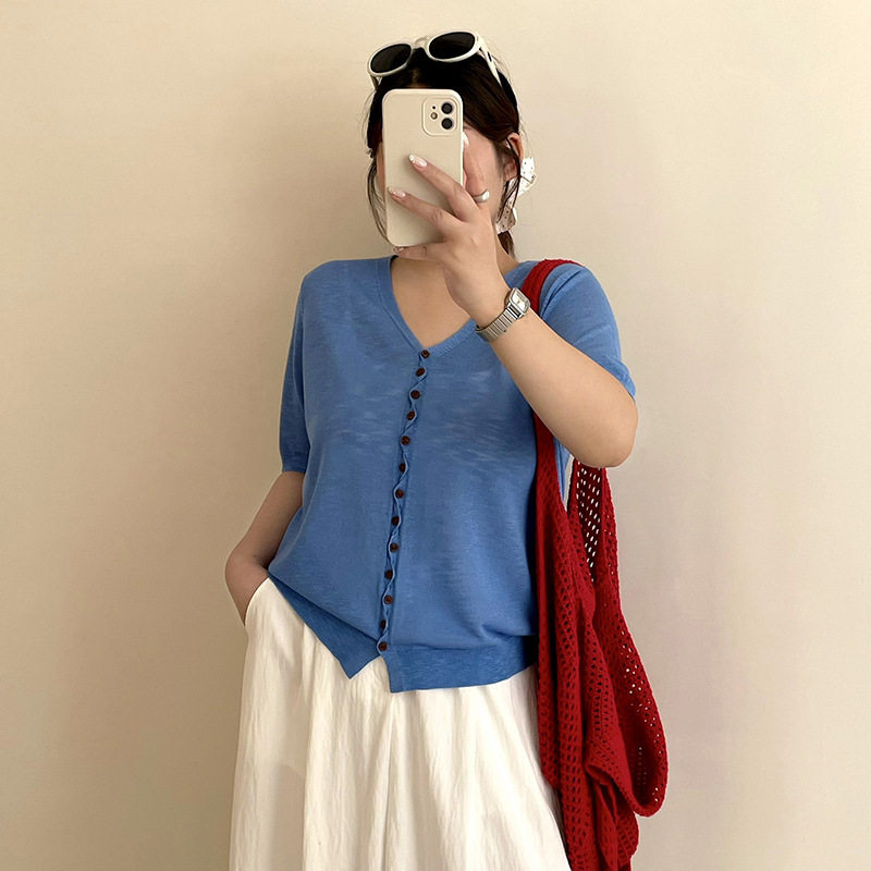 乃粒25110大码女装v领薄款显瘦针织衫女上衣2026夏款胖mm休闲开衫