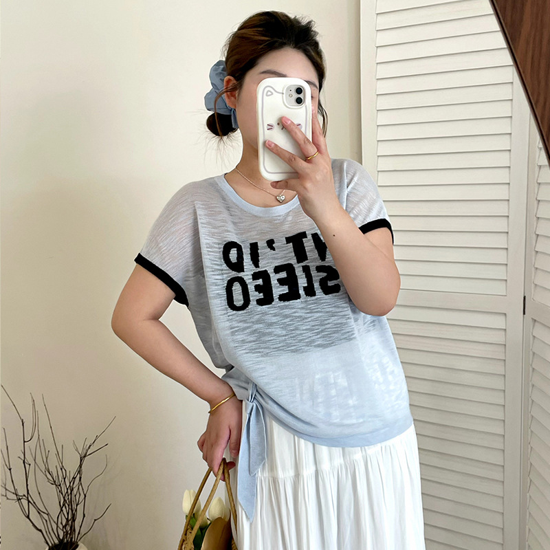 大码设计感绑带上衣女字母针织衫2025夏胖mm薄款短袖t恤23073乃粒