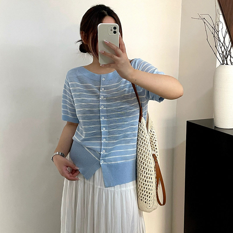 大码女装一字领短袖t恤女条纹衫2026夏款胖mm百搭显瘦针织衫23922