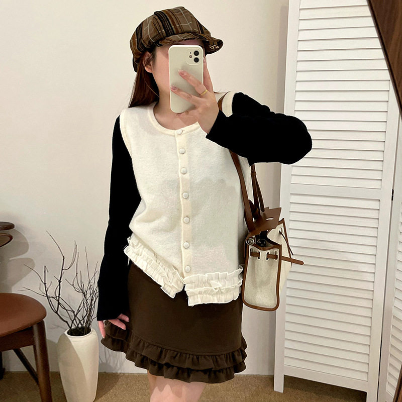 乃粒23622大码女装设计感花边马甲背心女2025冬胖mm无袖针织开衫