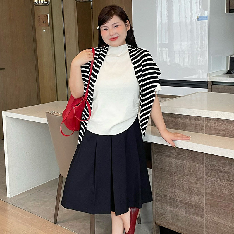 新款23709大码女装半高领短袖上衣女2026春款胖mm宽松短袖针织衫