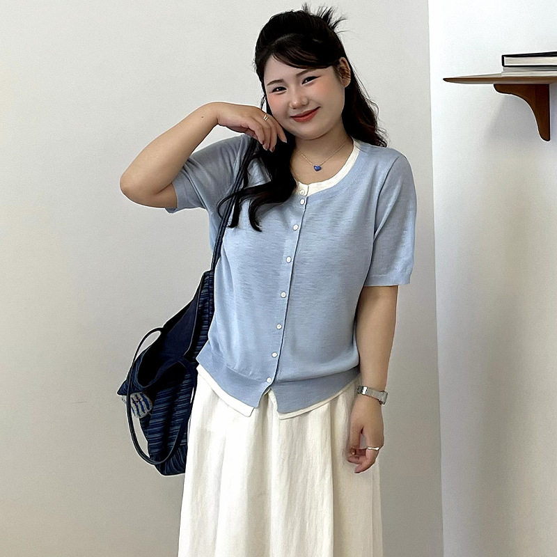 大码女装圆领撞色假两件上衣女针织衫2026夏胖mm休闲短袖t恤23836
