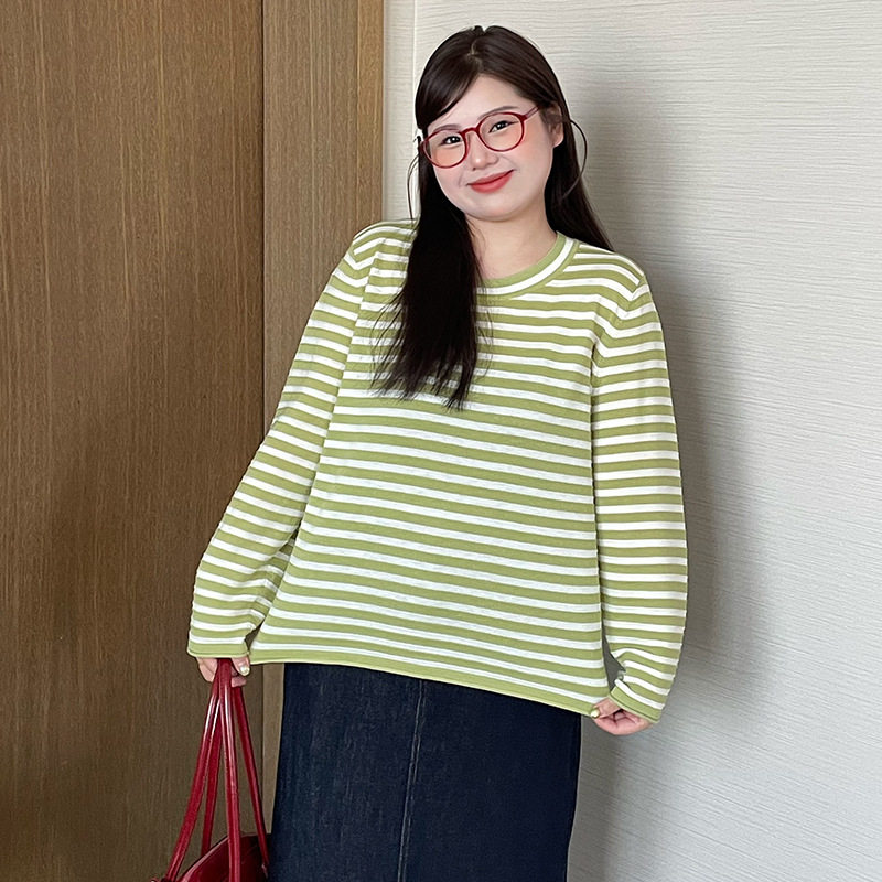 乃粒23675大码女装显瘦撞色条纹衫2026春款胖mm宽松休闲针织衫女