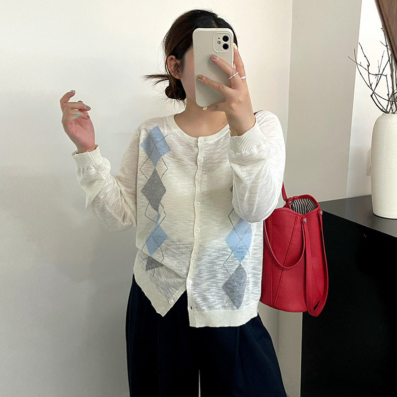 新款23981大码女装撞色菱格上衣2026夏胖mm宽松薄款休闲针织开衫