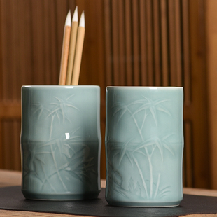 青瓷笔筒陶瓷办公室桌面复古家用花插摆件毛笔筒化妆笔铅笔筒礼品