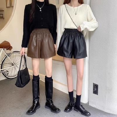 PU皮短裤女2023秋冬季新款高腰显瘦a字阔腿裤小个子韩版宽松靴裤