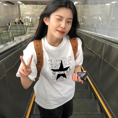 夏季纯棉短袖t恤女白色正肩美式