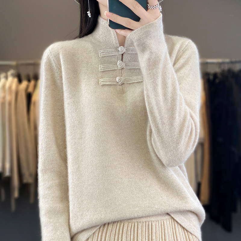 中国风复古盘扣纯色德绒打底衫女2024秋冬新款半高领上衣宽松保暖,女装/女士精品,毛针织衫,淘宝优惠券,粉丝福利购,淘宝优惠卷
