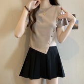 大码 设计感不规则斜扣打底衫 胖妹妹显瘦遮肚子正肩短袖 上衣女夏季