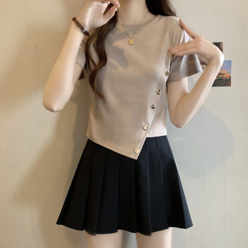 大码胖妹妹显瘦遮肚子正肩短袖