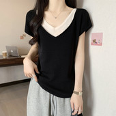 大码 T恤飞飞袖 女装 假两件短袖 设计感上衣女 2025年新款 胖妹妹夏装