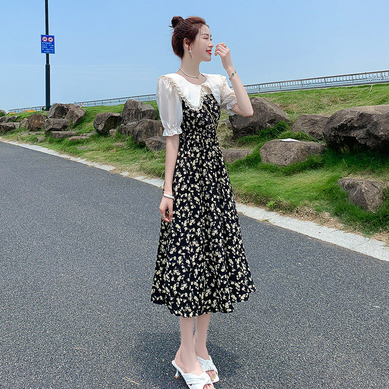 连衣裙夏季女2024新款气质收腰显瘦娃娃领碎花拼接高级感法式裙子