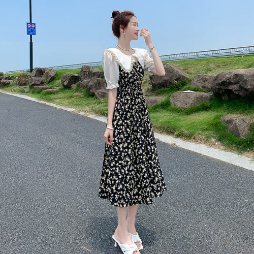 连衣裙夏季女2024新款气质收腰显瘦娃娃领碎花拼接高级感法式裙子