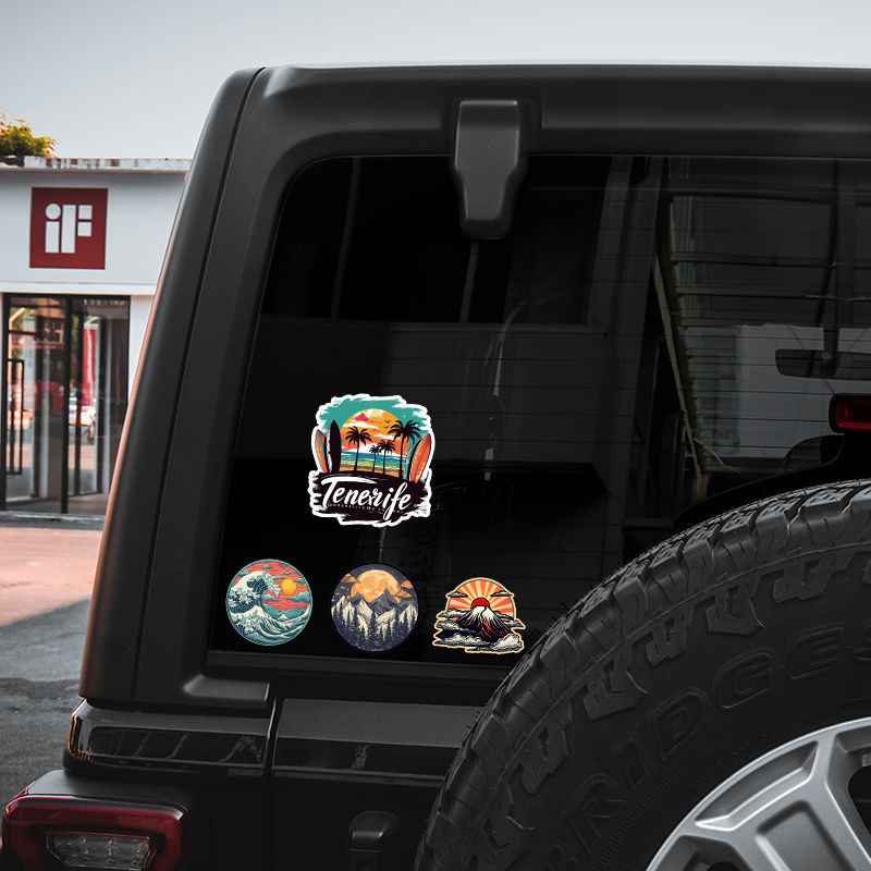 个性创意海岛风情复古车贴户外露营汽车越野车窗玻璃贴纸日落贴画