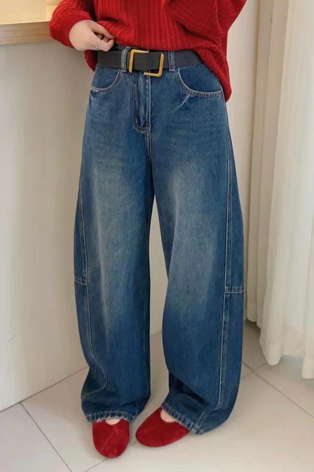 欧洲站2025秋冬新款欧货慵懒风做旧磨破拼接牛仔裤弯刀阔腿裤加绒