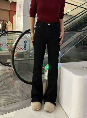 欧货加厚绒牛仔裤女2025冬黑色喇叭裤修身弹力显瘦开衩保暖显腿长