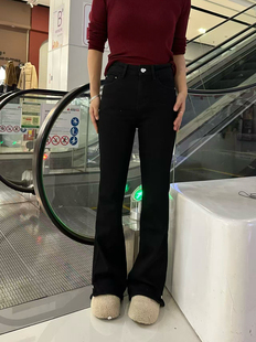 欧货加厚绒牛仔裤女2025冬黑色喇叭裤修身弹力显瘦开衩保暖显腿长