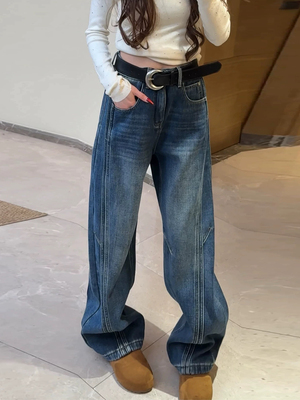 欧货2025冬季加绒牛仔裤女深蓝色弯刀裤显瘦大牌窄版直筒休闲宽松