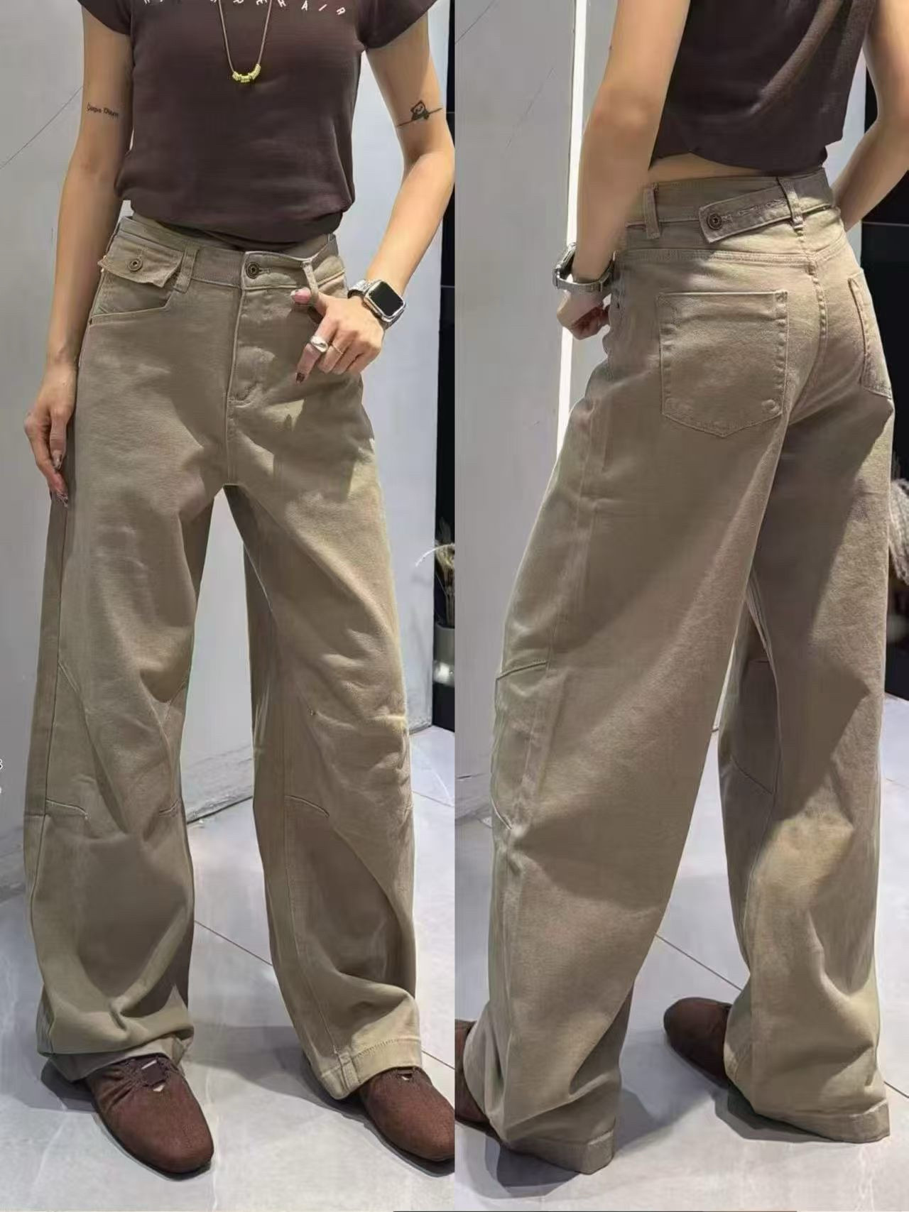 欧货卡其色牛仔裤女2026早秋新款弯刀裤宽松松弛感工装等休闲显瘦