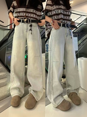 欧货加绒牛仔裤女2025冬季浅蓝色弯刀裤宽松休闲显瘦复古怀旧弹力