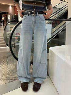 欧货2025冬季加厚绒牛仔裤女浅蓝色弯刀裤宽松休闲显瘦弹力直筒