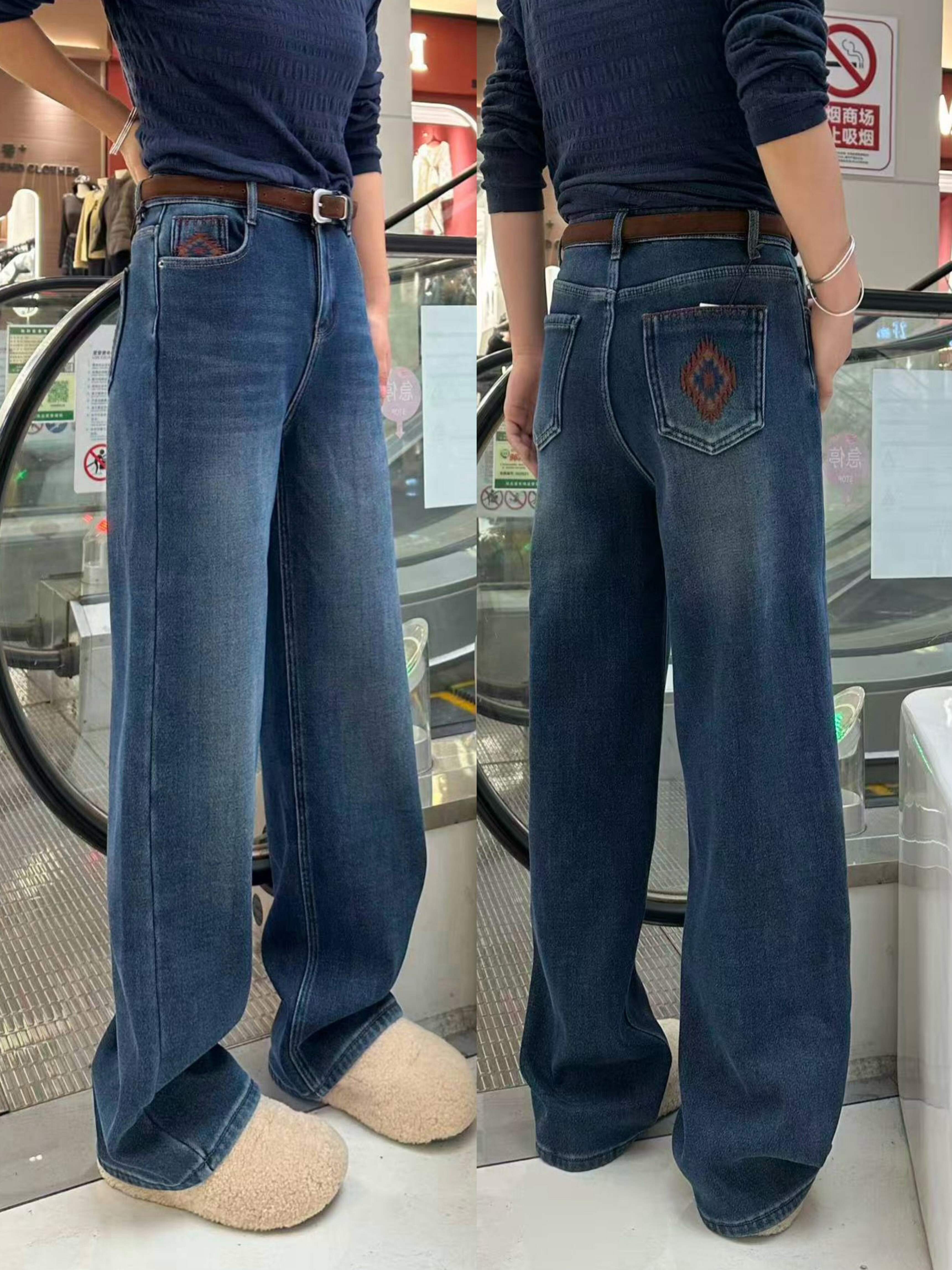 欧货加厚绒牛仔裤女2025冬季窄版阔腿裤深蓝色直筒裤显瘦弹力刺绣