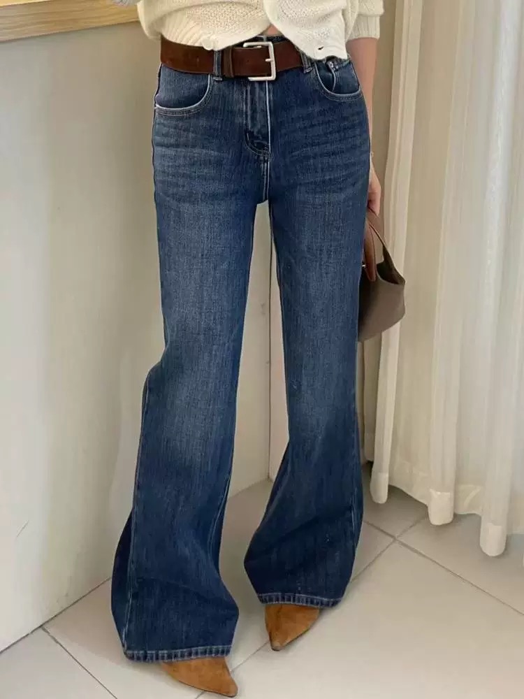 欧货牛仔裤女2025冬季加绒微喇叭裤深蓝色长裤显瘦气质修身弹力