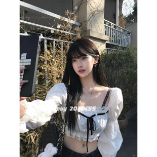 小众设计感白色方领蕾丝拼接泡泡袖 上衣女 短款