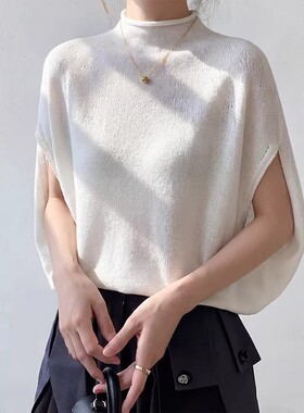 法式白色半高领针织斗篷冰丝短袖t恤女夏绝美巨好看的短款小上衣
