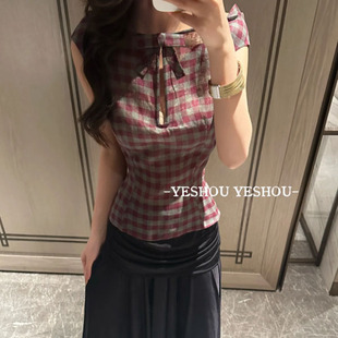 小众复古格纹 格纹上衣 新款 上衣女夏季 显瘦修身 短袖
