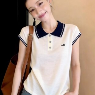 夏季 polo领薄款 上衣设计感小众复古通勤无袖 t恤女 独特拼色针织衫