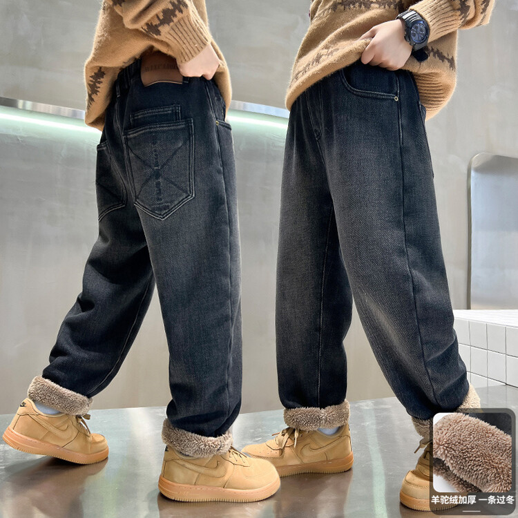 男童新款羊羔绒牛仔裤冬季加绒加厚儿童裤子休闲宽松大童一体绒潮