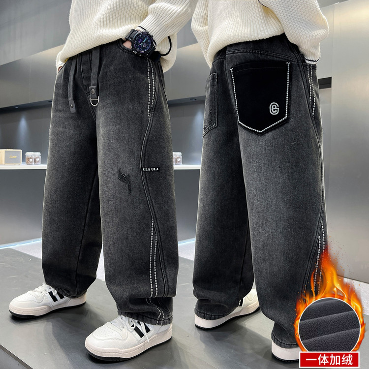 男童冬季加绒牛仔裤2024新款中大童加厚冬装一体绒裤子儿童保暖裤