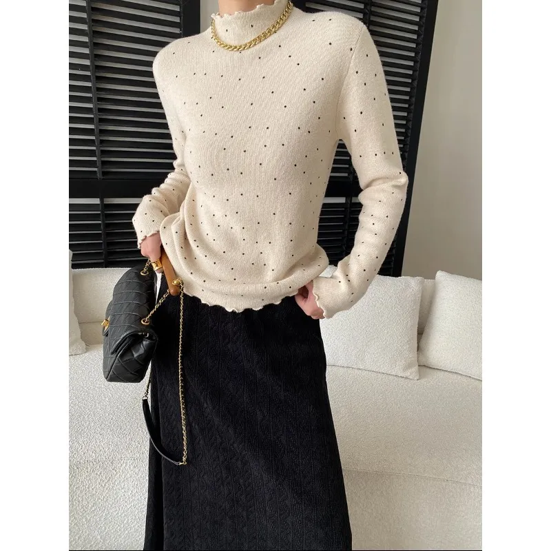 司南 温柔日常 加绒加厚波点木耳边半高领保暖针织衫毛衣 SN8468