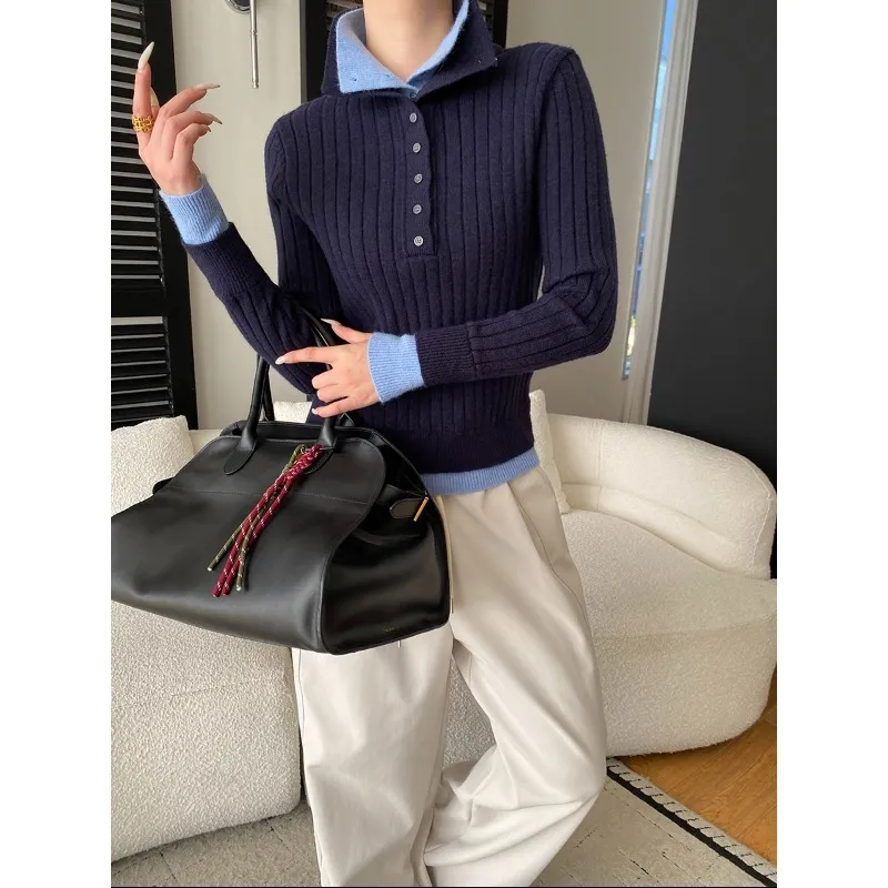 司南 高智通勤感 撞色假两件纽扣双层高领修身显瘦针织衫 SN8436