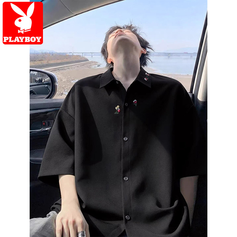 花花公子黑色短袖衬衫男夏季薄款宽松刺绣翻领凉感衬衣青少年外套