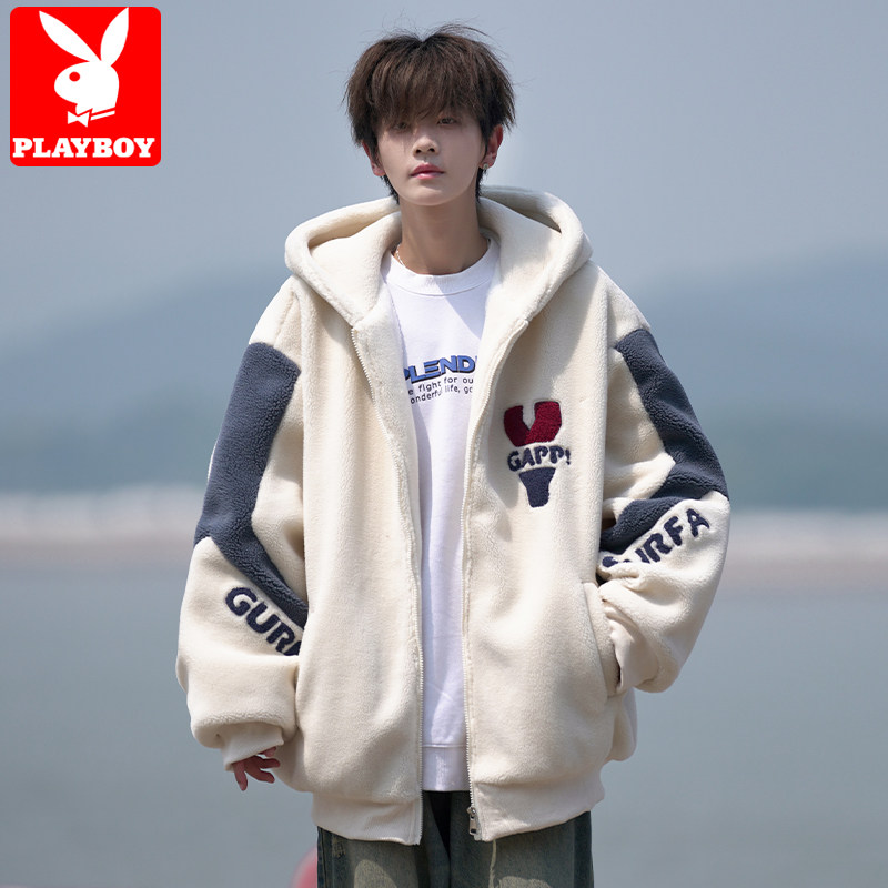 花花公子棉服男冬季加厚加绒保暖棉袄连帽美式潮牌宽松羊羔绒外套
