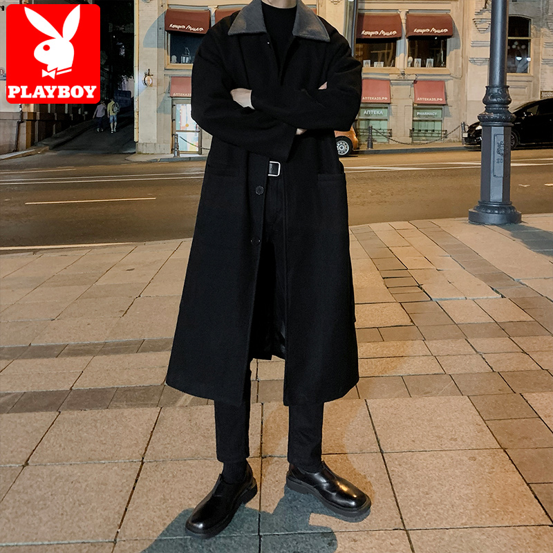 花花公子英伦风毛呢大衣男秋冬季潮牌帅气宽松休闲中长款风衣外套