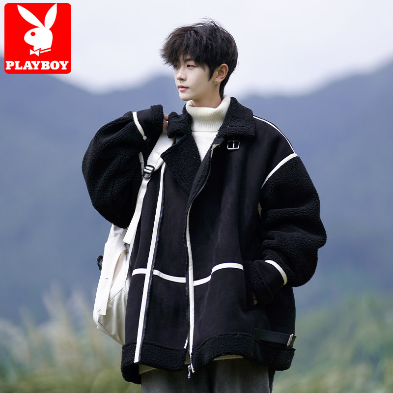 花花公子棉服男款冬季加厚加绒外套潮牌设计感条纹羊羔毛棉衣秋冬