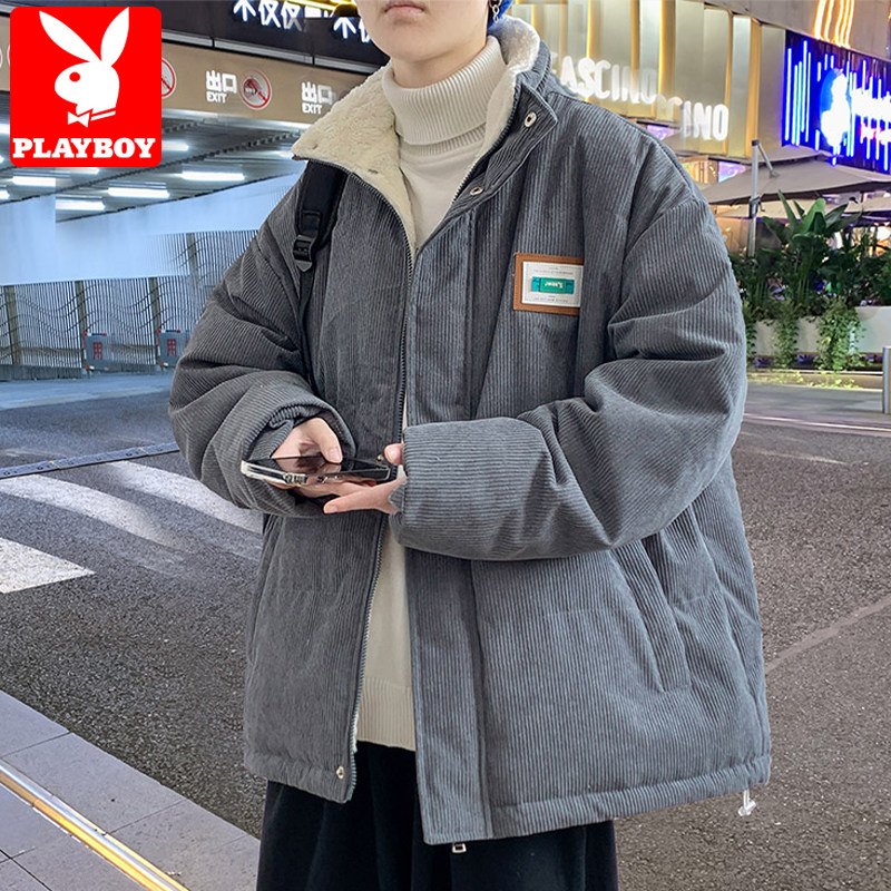 花花公子灯芯绒棉服男款冬季加厚保暖棉袄潮牌宽松立领羊羔绒外套