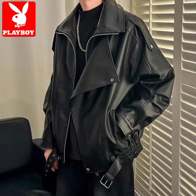 花花公子皮衣外套男士秋冬季加绒加厚翻领机车服高级感痞帅皮夹克