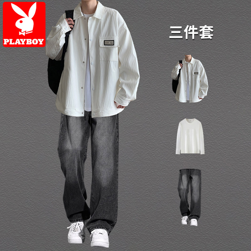 花花公子宽松休闲工装夹克外套男士套装春秋季潮流帅气穿搭三件套